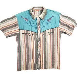 Vintage Avatar Button Up Shirt Mens Small Striped Western Hippie Guitar Rainbow
